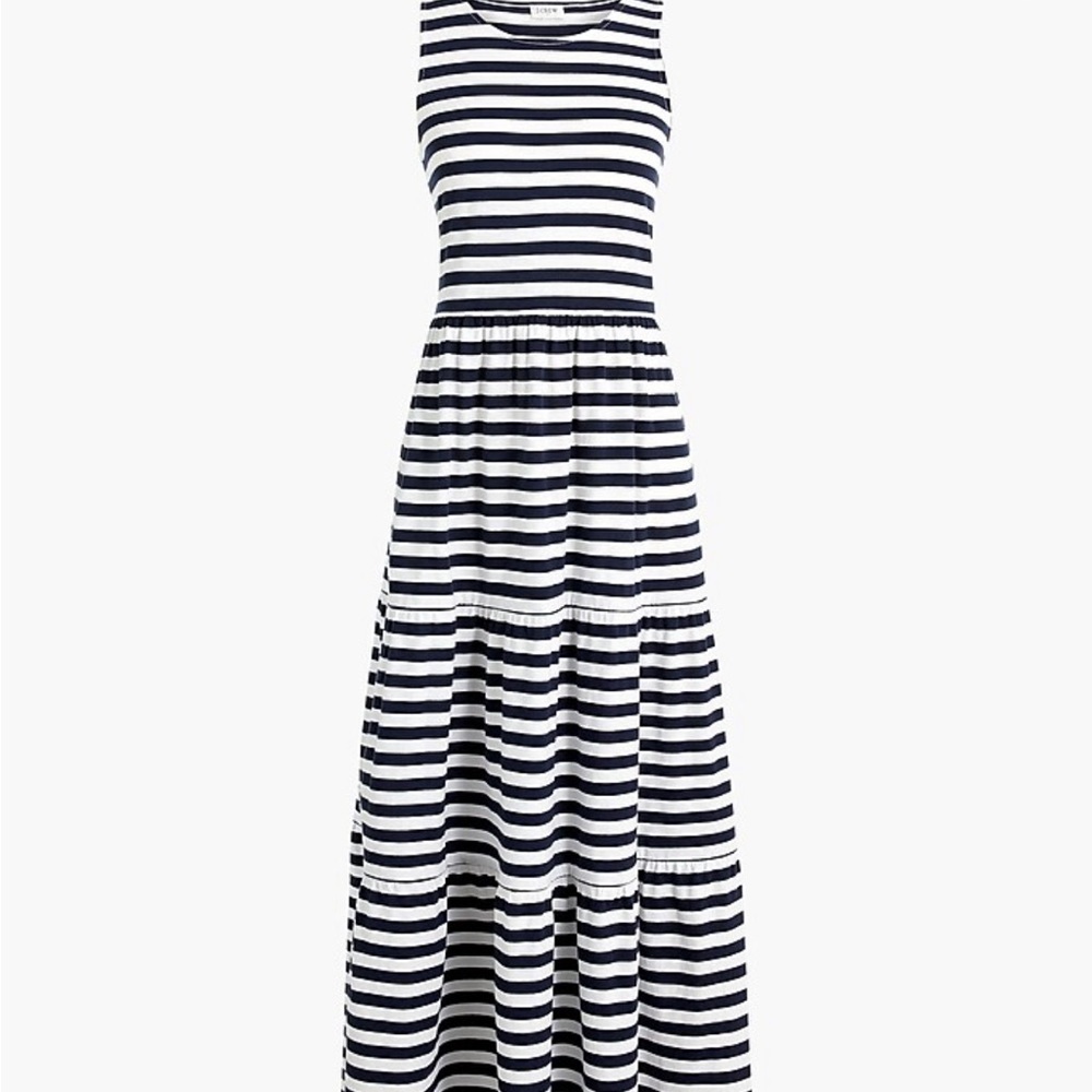 J. Crew Factory Tiered Knit Maxi Sleeveless Dress Navy White Stripe Size Small S
